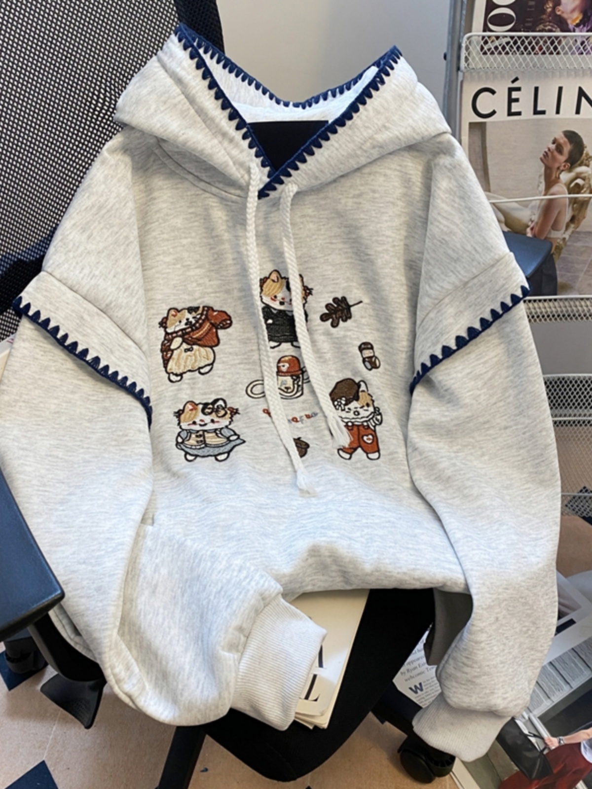 Fleece Hoodie Lined - Kawaii Embroidery Fleece Lined Hoodie Women's