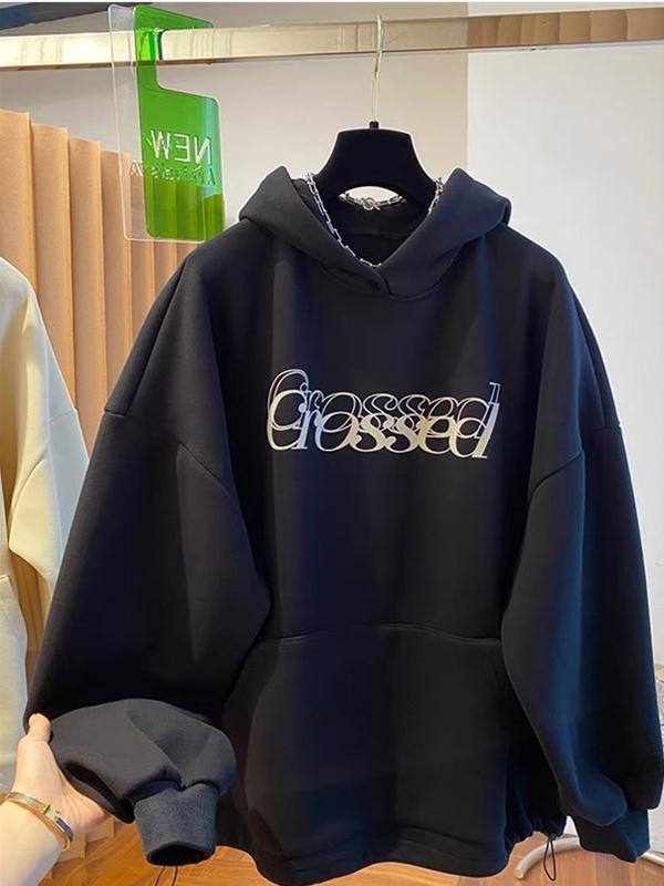 Fleece Hoodie Lined - American High Street Trendy Letter Print