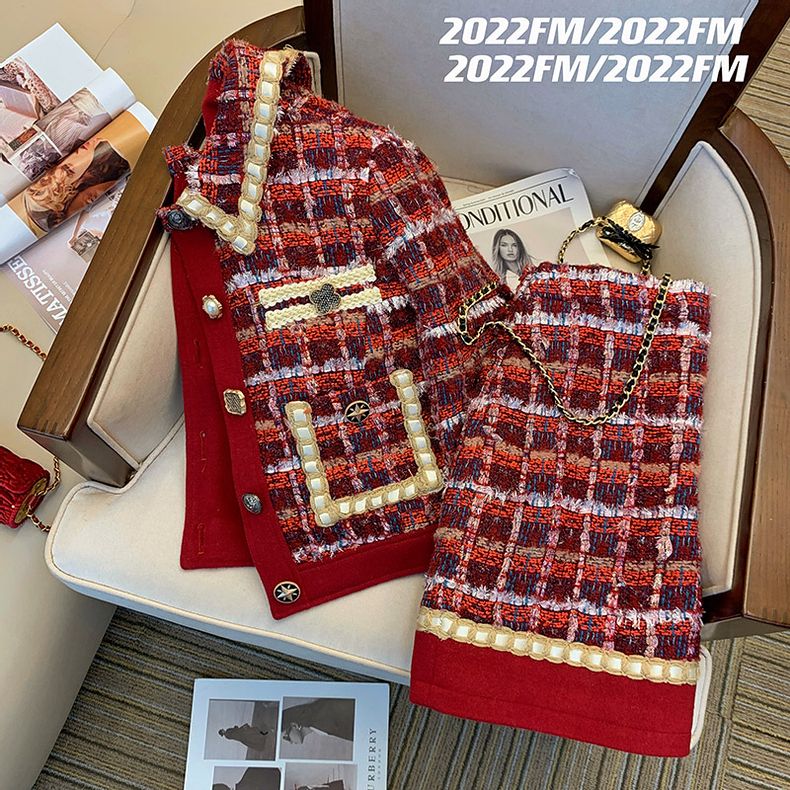 Women Elegant Tweed Red Suit J - Winter Clothing Line ulasan dan harga