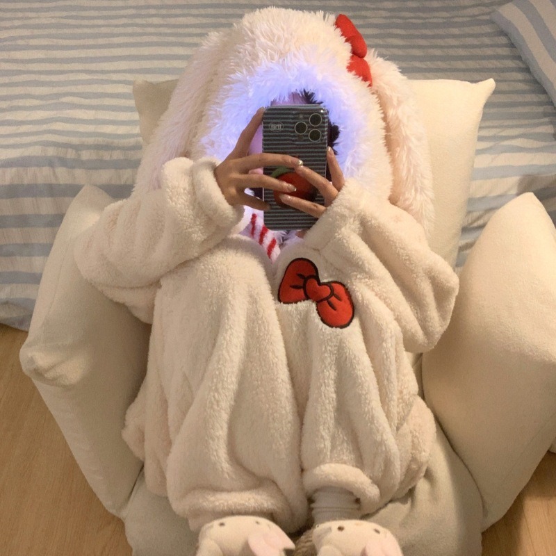 Sweet and Cute Bow Rabbit One- - Fleece Hoodie Lined ulasan dan harga